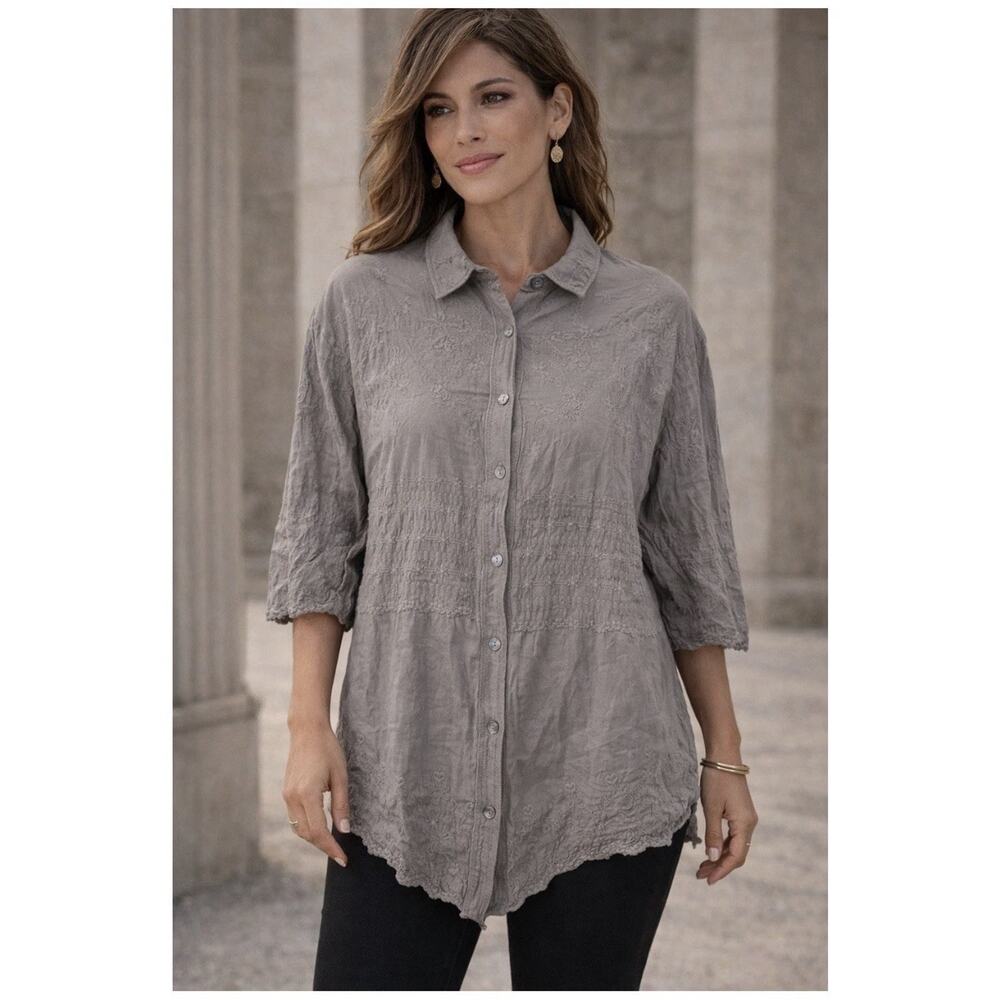 Solitaire Grey Floral Embroidered Button Up Shirt Boho Coastal Womens Plus 2x